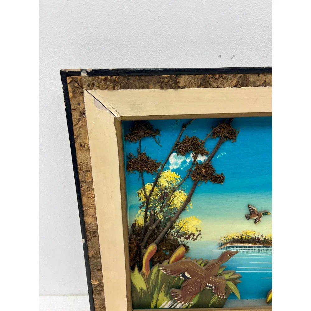 Vintage Mixed Media Shadowbox Art Ducks Flying Mallard Lake Scene Cabin Decor